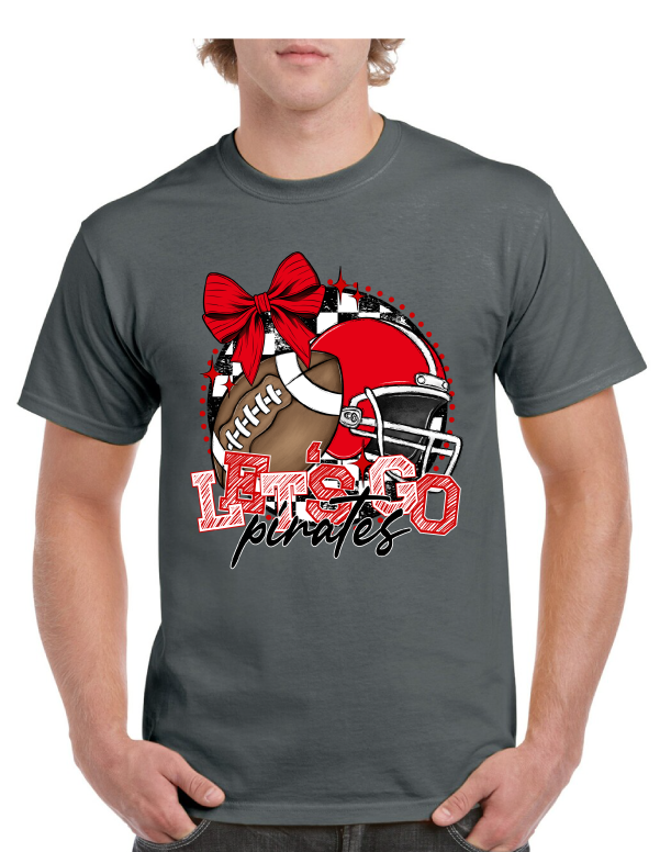 Lets Go Pirate Helmet Football Bow tee